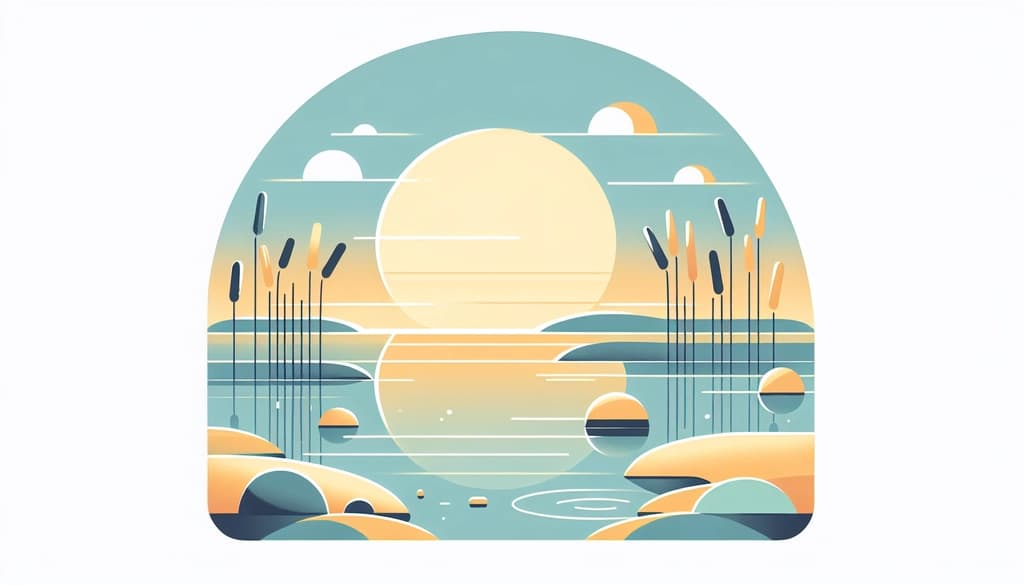 A calm pond at dusk with reeds and gentle ripples in the water.