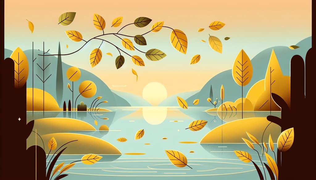 A quiet pond with fallen autumn leaves reflecting early morning light.