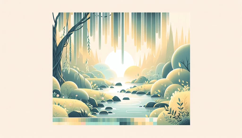 A stream flows through mossy rocks under willows in the morning mist.