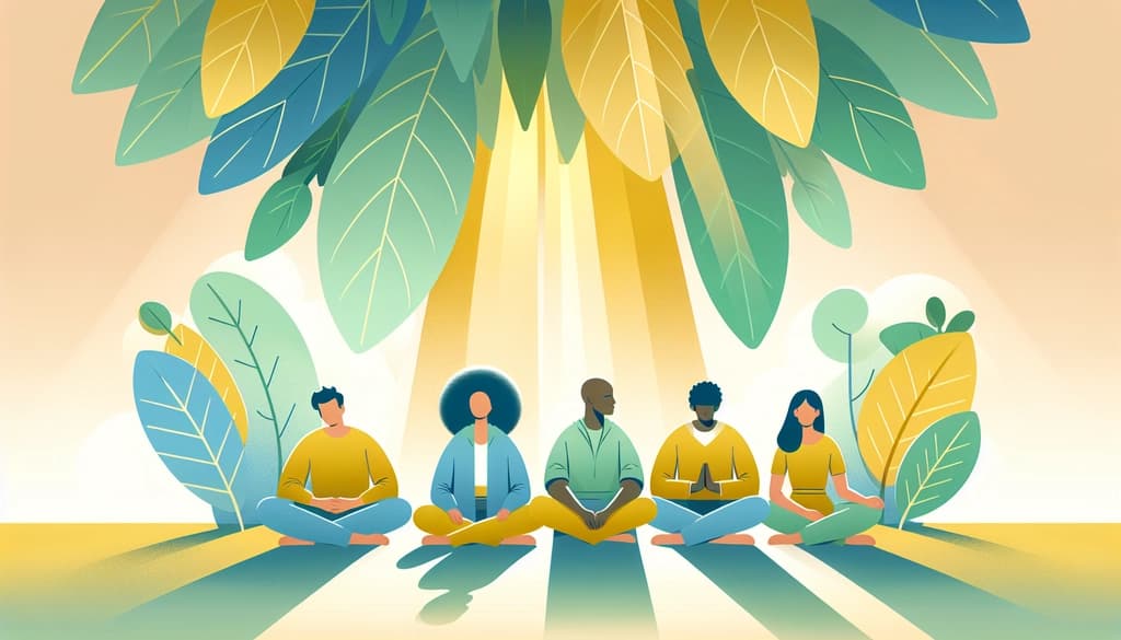 Group of diverse people meditating under trees in dappled sunlight.