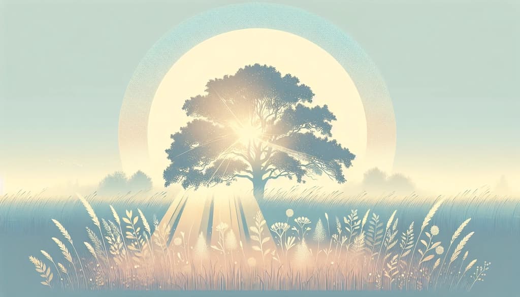 Mist rises around an old oak tree in a quiet meadow at dawn.