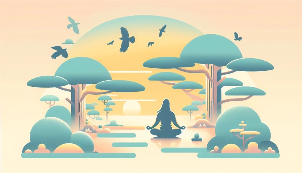 Person chanting beneath cedar trees in soft morning fog.