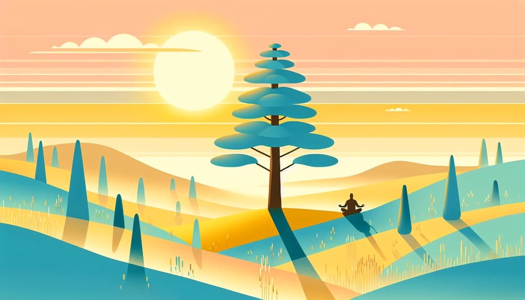 Person meditating near a cedar tree on a foggy hillside at sunrise.