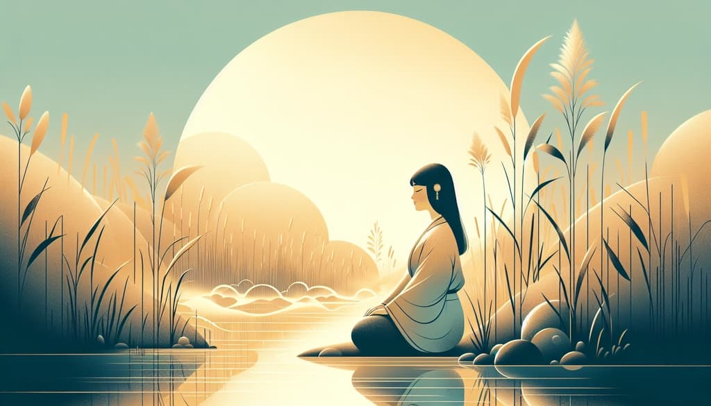 Person meditating near a sunrise river with mist and tall reeds.