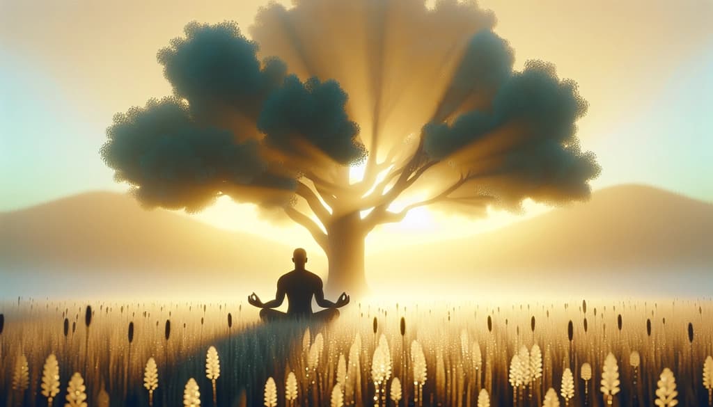 Person meditating under an oak tree in a misty, golden sunrise field.
