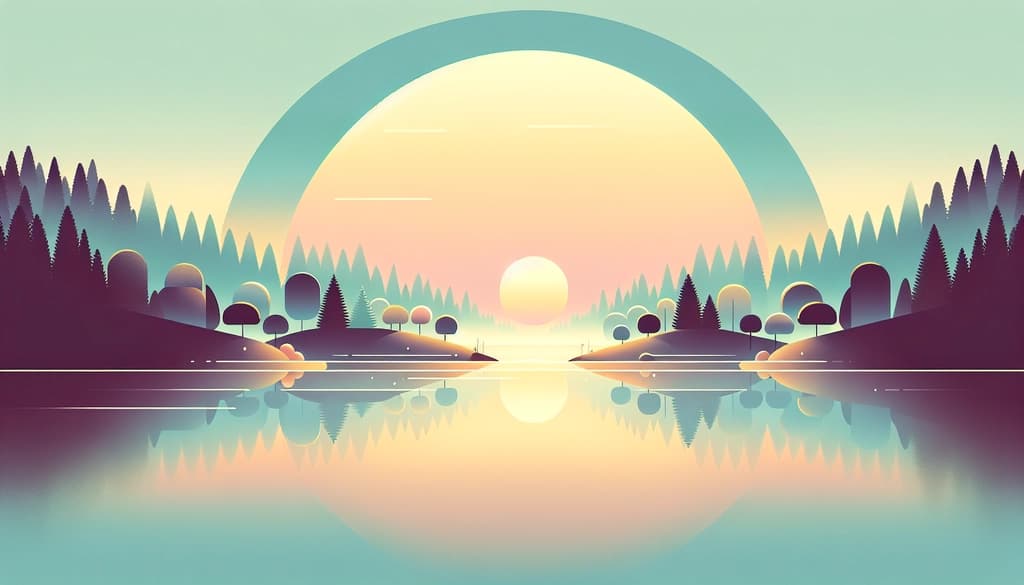 Still sunrise lake reflecting sky and trees, evoking oneness and unity.