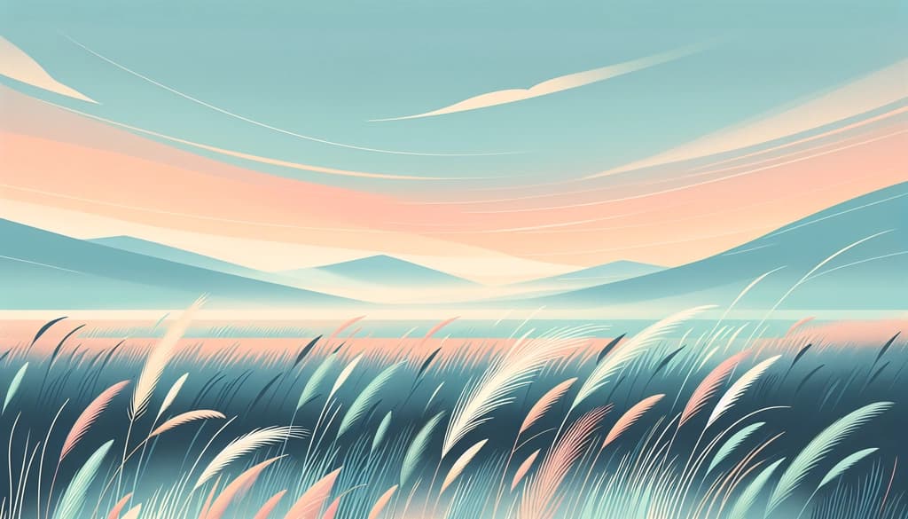 Sunrise over a dewy meadow, with tall grass gently moved by the wind.