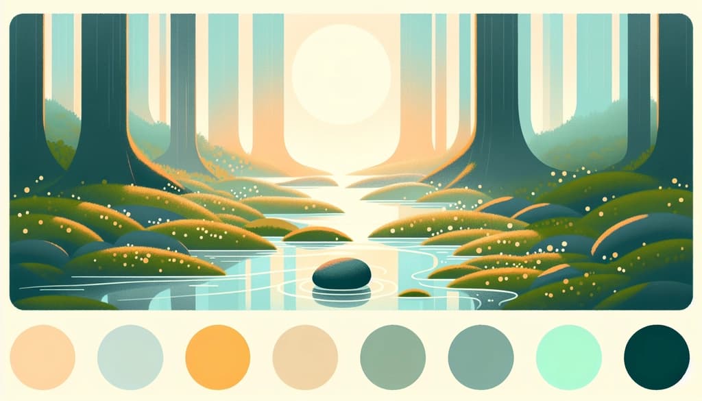 A pebble on moss by a tranquil stream in morning mist, with soft light in ancient trees.