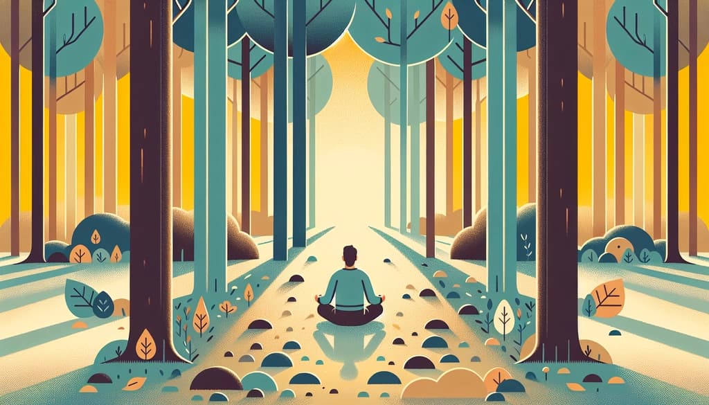 A person meditates in a sunlit forest clearing, surrounded by moss and gentle autumn leaves.