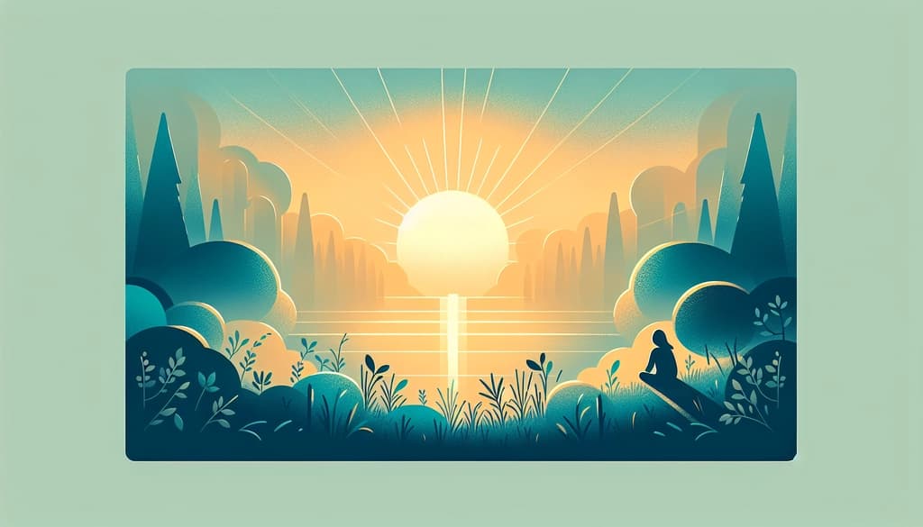 A person meditating at sunrise in a misty field, surrounded by grass and gentle light.