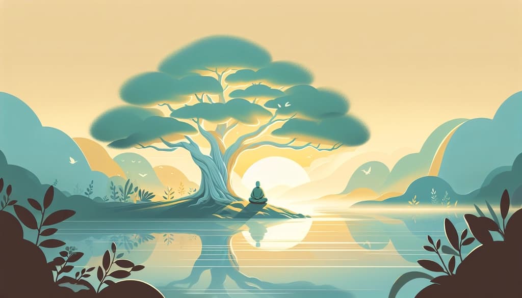 A person meditating beneath a banyan tree at sunrise beside a quiet river.