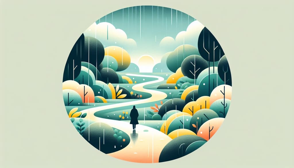 A person walking alone through a rainy forest path, surrounded by deep green moss and soft mist.