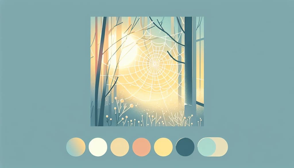 A spiderweb with dewdrops strung between tree branches in soft morning light.