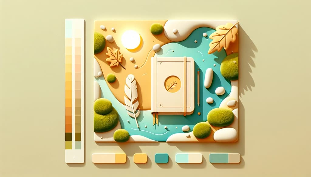 An open journal with sunlight on its pages, surrounded by moss, leaves, and a feather.