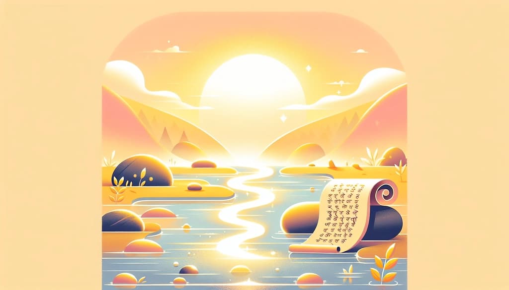 Ancient Diamond Sutra scroll beside a misty river at dawn, stones and gentle sunlight.