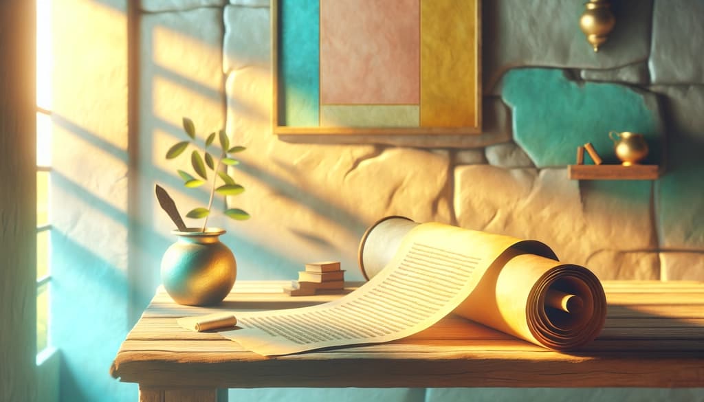 Ancient scroll and olive wood table in golden morning light, evoking study and reflection.
