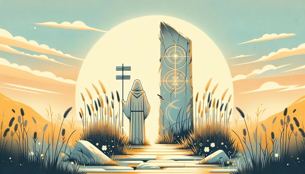 Contemplative figure standing at an ancient crossroads at sunrise, with carved stones and soft grasses.
