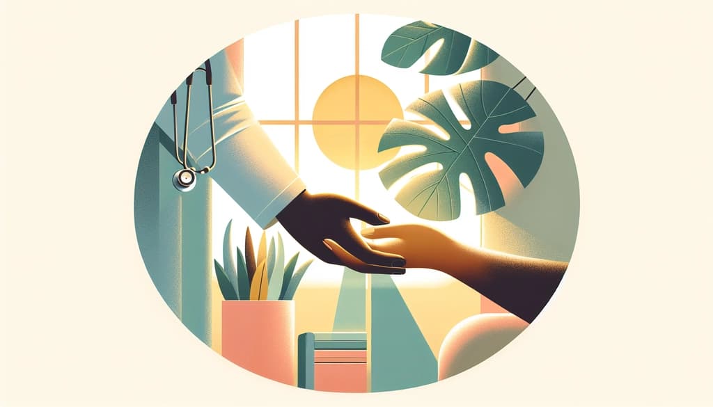 Doctor holding a patient’s hands in a sunlit clinic, green plants in the background.