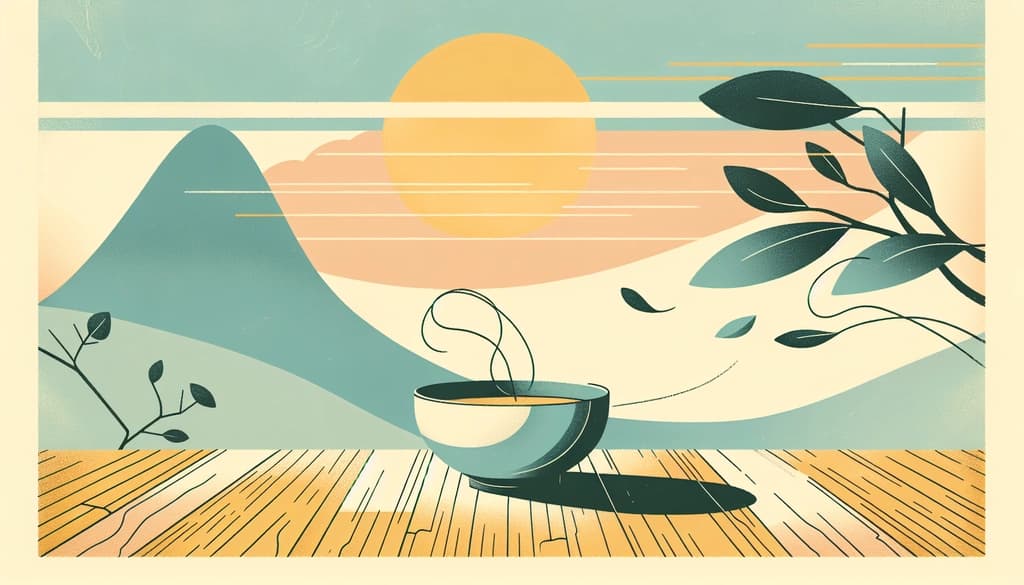 Eastern ink painting with a tea bowl, mountain backdrop, and a falling leaf in soft light.