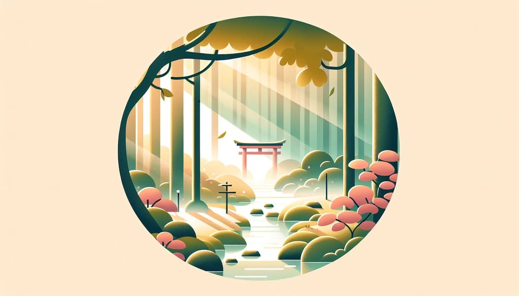 Forest path lined with moss and a torii gate, sunlight filtering through trees, gentle mist rising.
