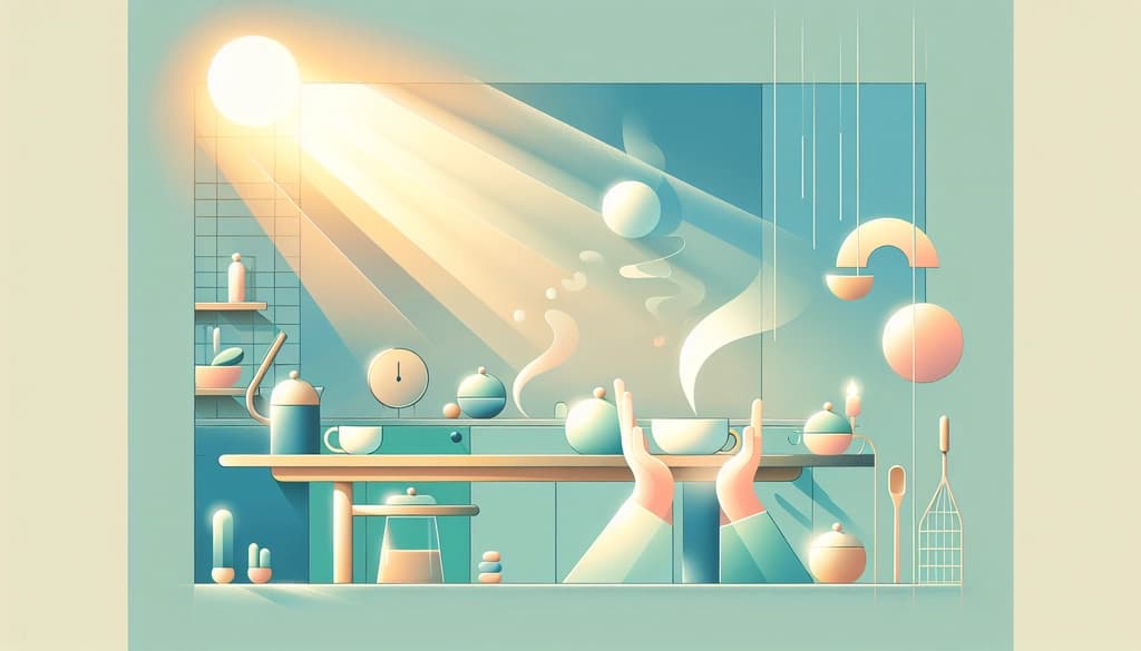 Hands holding a warm mug in a sunlit kitchen, morning light bathing everyday objects.