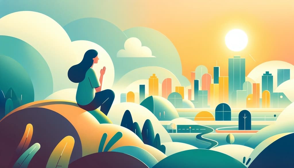 Leader on a hill at sunrise, looking over a peaceful city, bathed in morning light.