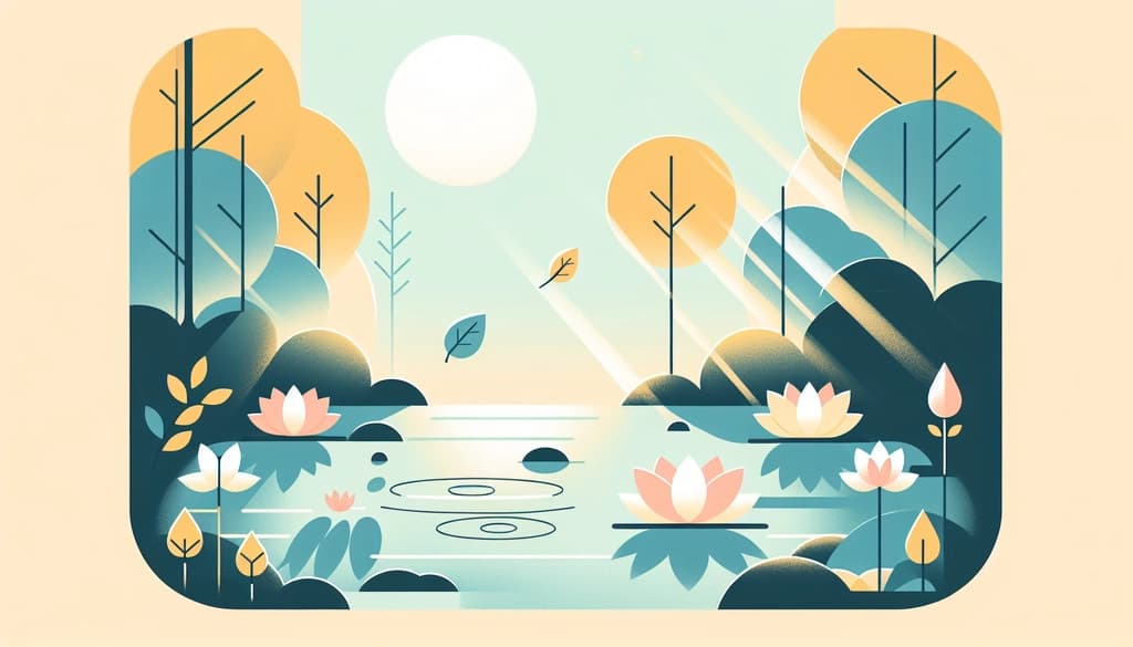 Lotus blossoms and ripples on a tranquil pond at dawn, mist rising through trees.