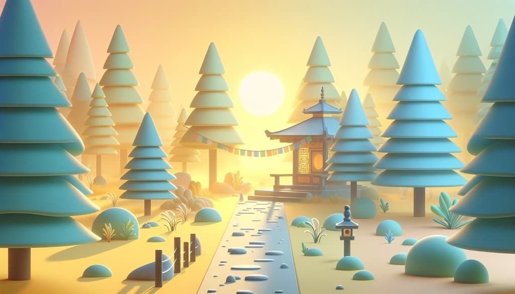 Mountain temple at dawn among mist and pine trees, gentle light and prayer flags present.