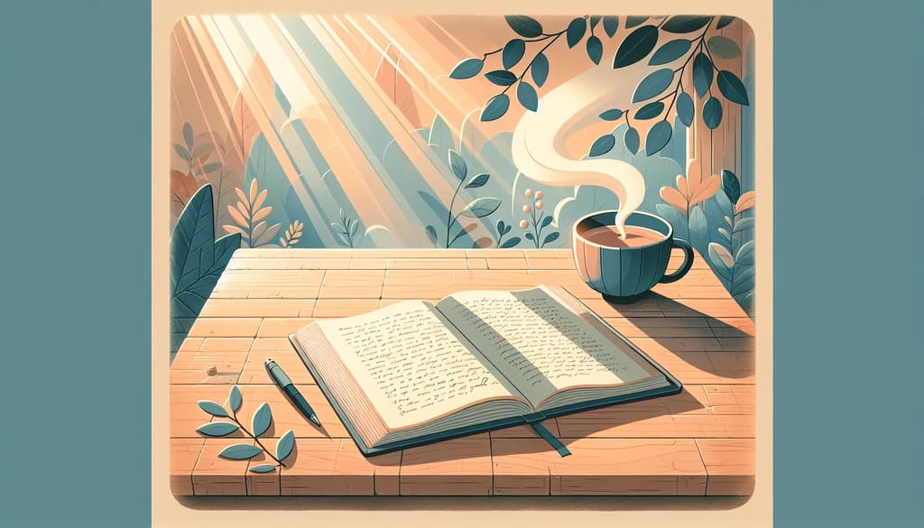 Open journal and cup of tea on a wooden table in morning light, soft shadows from leaves.