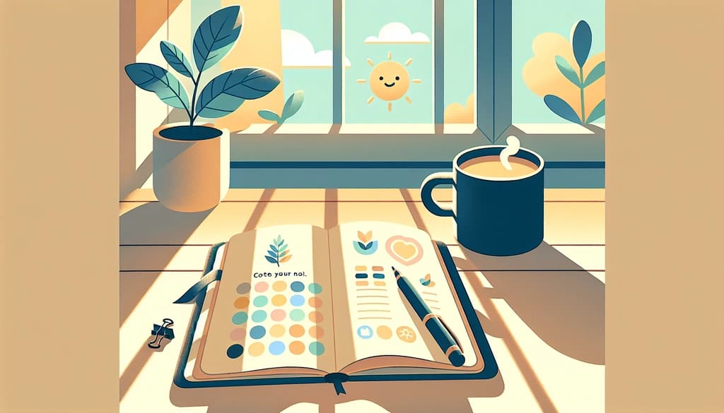 Open journal on a sunlit table, pen and tea nearby, with morning light through green leaves.