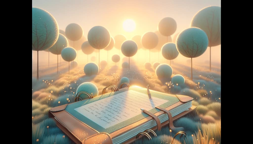 Open journal with notes on grass at sunrise, golden light filtering through trees.