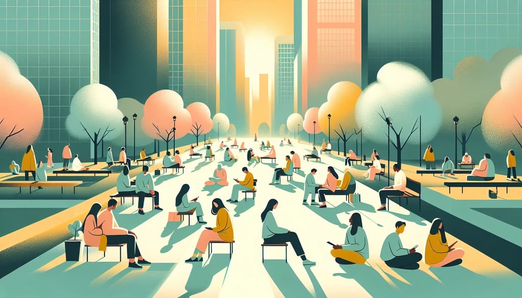 People practicing mindfulness in a city park, surrounded by trees and morning sunlight.