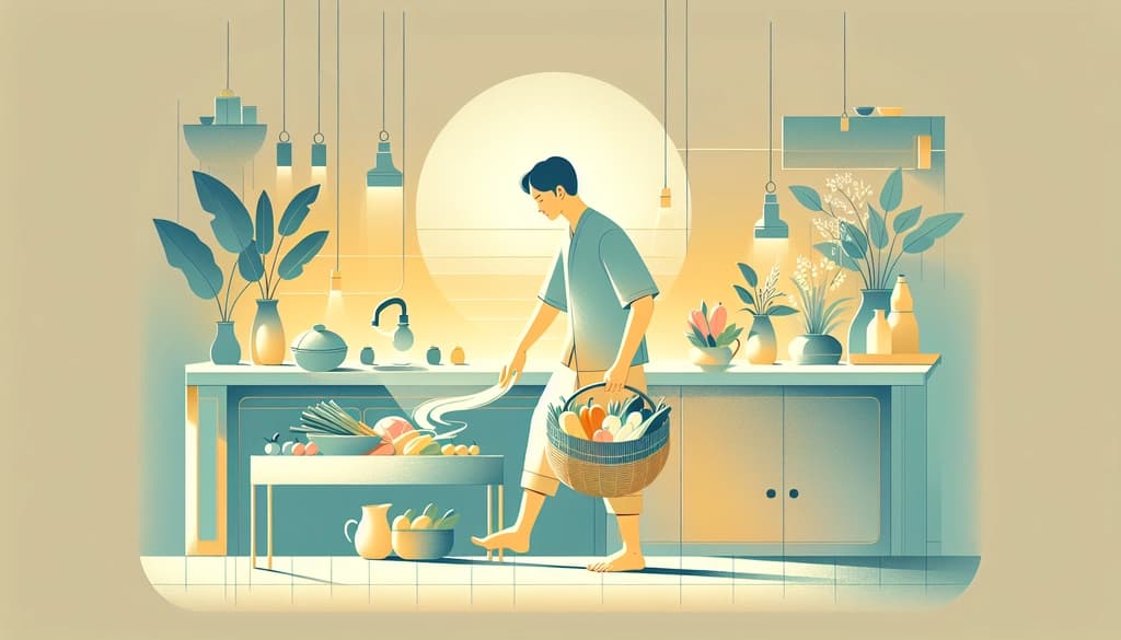 Person arranging fresh market vegetables in a sunlit kitchen, barefoot and serene.