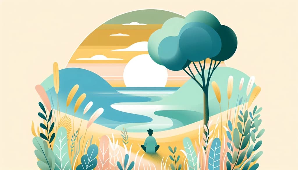 Person gazing at a misty lake from beneath a tree on a tranquil morning.