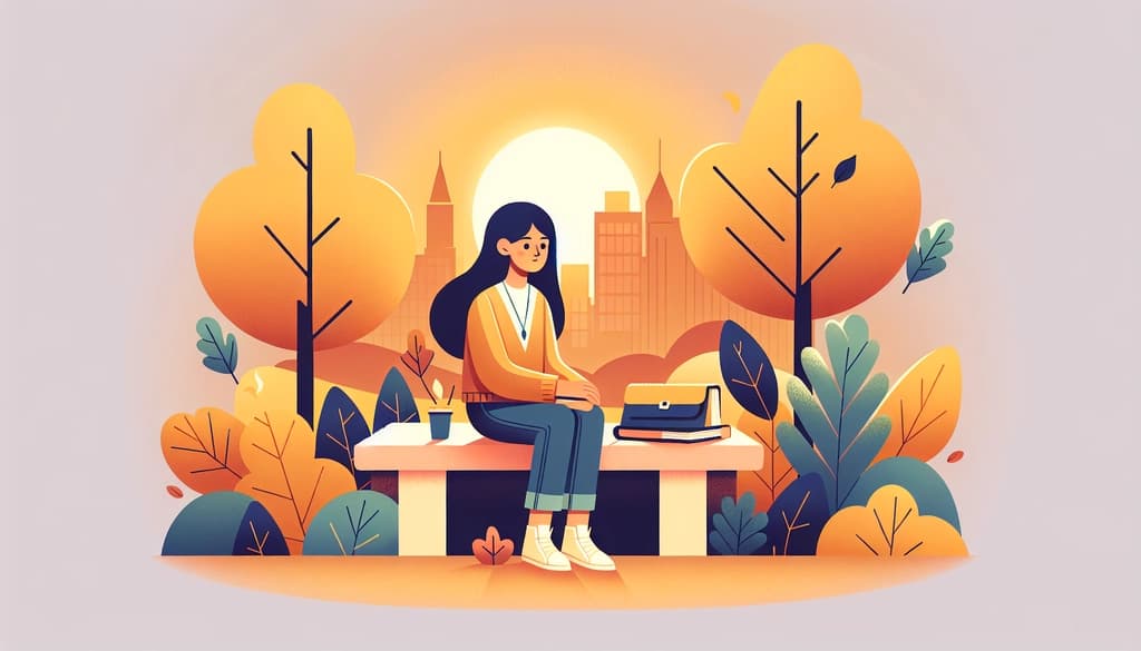 Person in an autumn city park, sitting in mindful stillness with a journal, skyline softly behind.