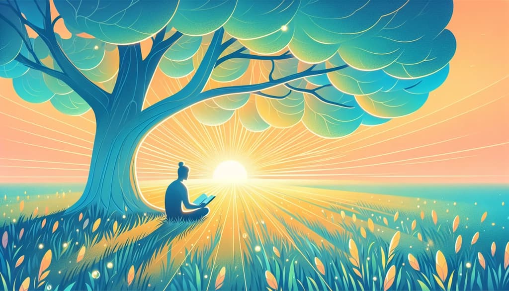 Person journaling under a tree at sunrise, surrounded by dew and early light.