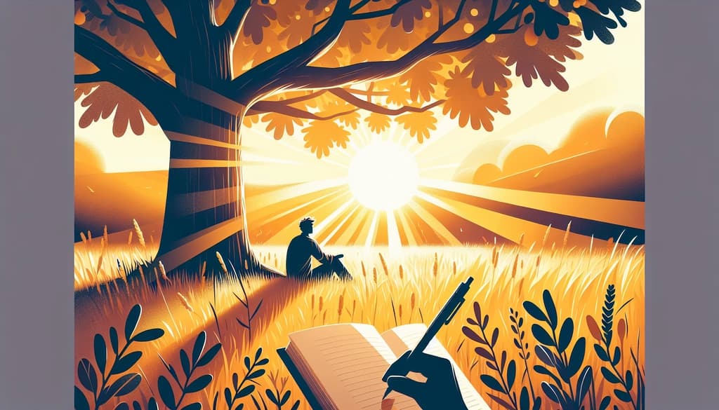 Person journaling under an oak tree at sunset, tall grass glowing in evening light.