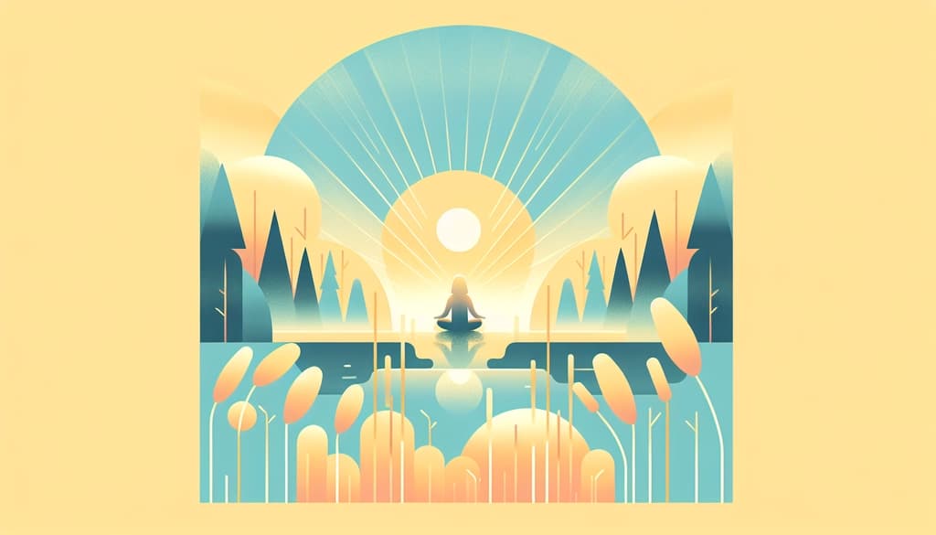 Person meditating at the edge of a sunlit forest, dew-covered grass and morning mist blending inner stillness with nature.