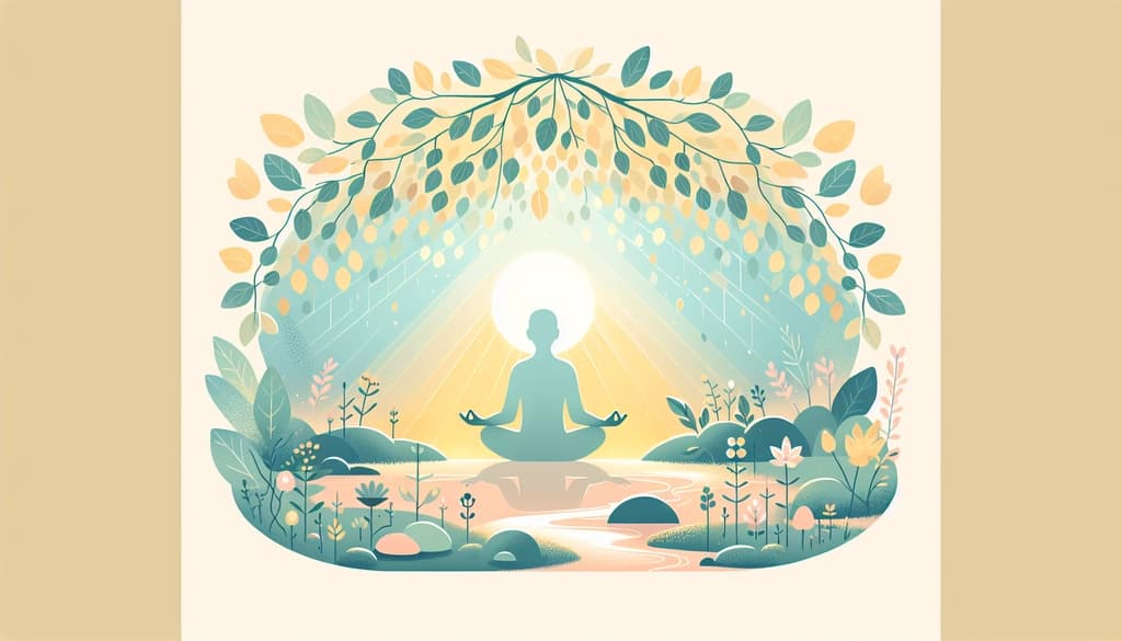 Person meditating beneath spring trees near a stream, with filtered dawn light and wildflowers nearby.