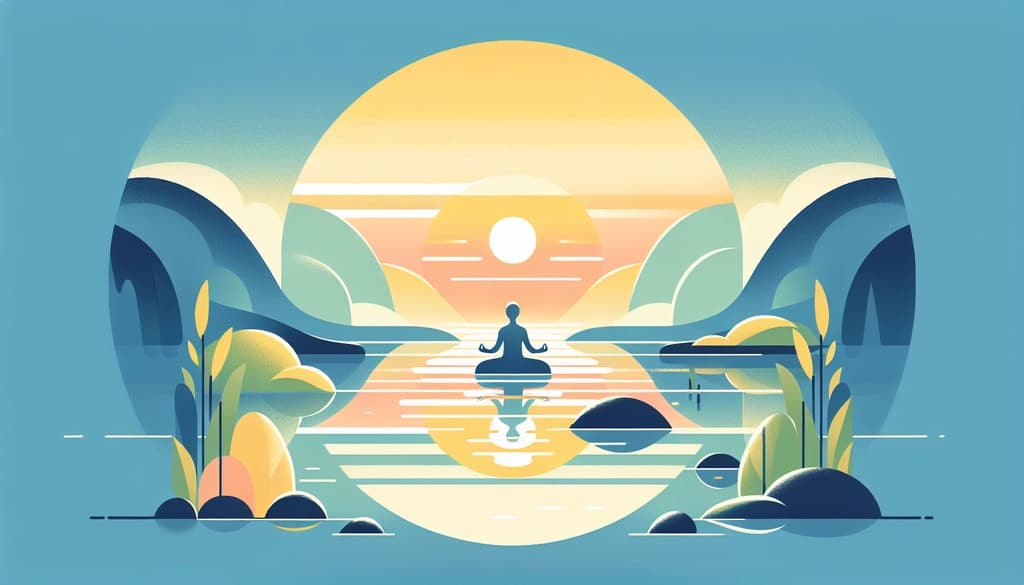 Person meditating by a forest lake at sunrise, mist and mountains in the distance.