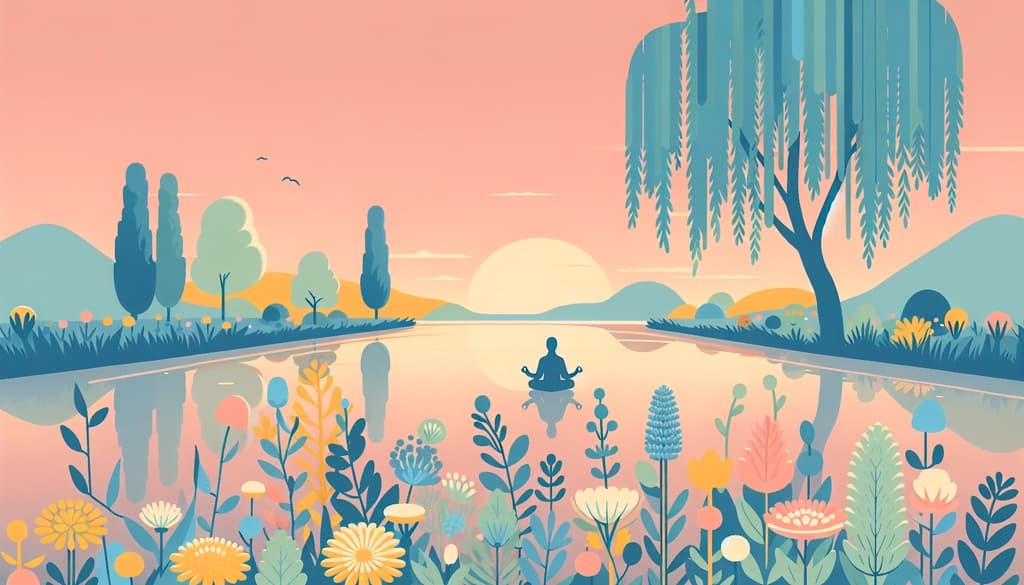 Person meditating by a river at dawn with wildflowers and willow trees.