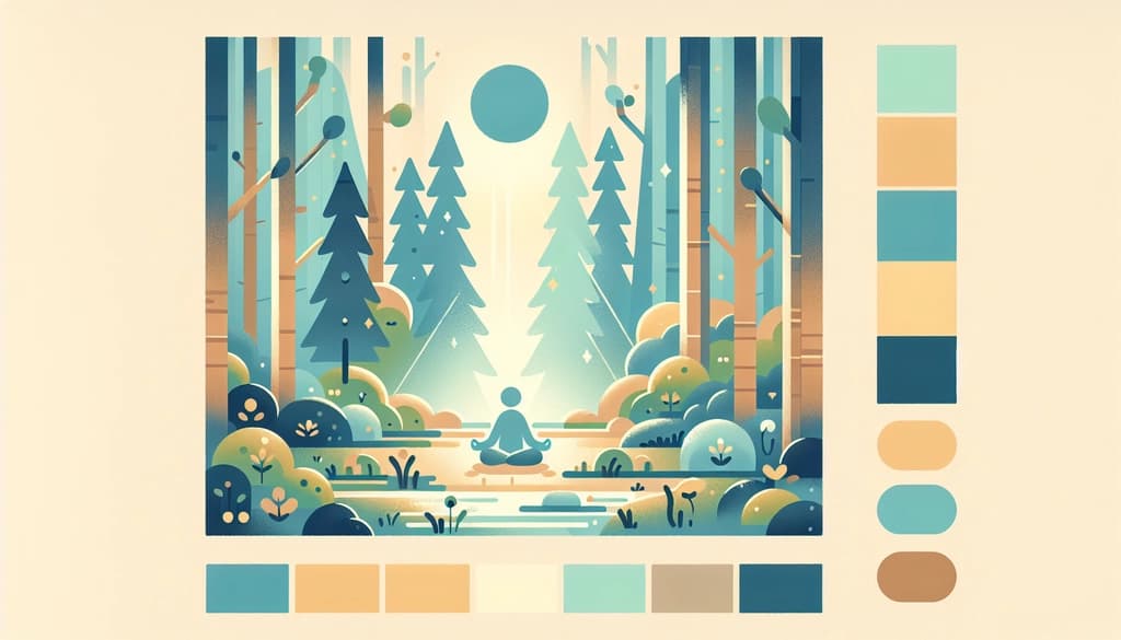 Person meditating in a misty forest clearing at dawn, surrounded by moss and trees.