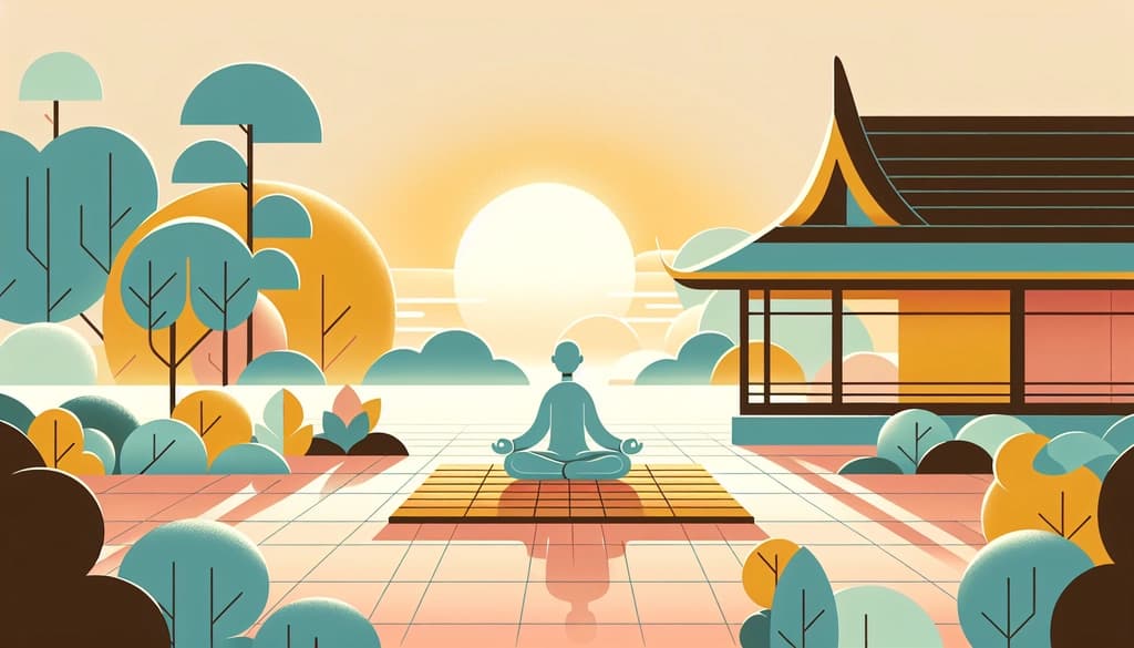 Person meditating in a sunlit temple courtyard, surrounded by peaceful greenery.