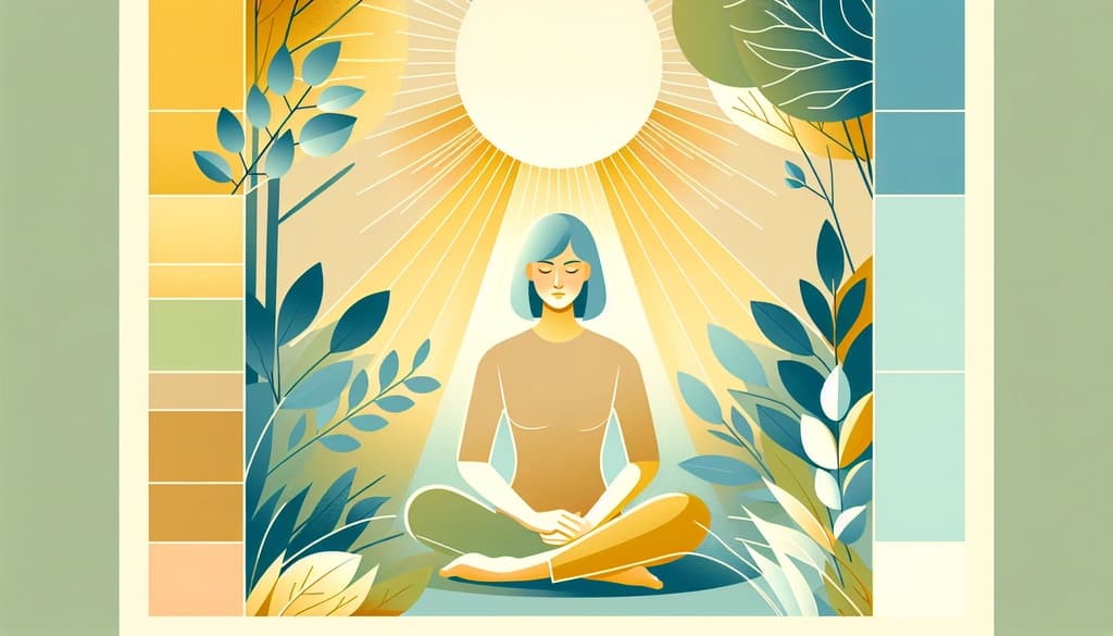 Person meditating in soft light among trees, sunlight highlighting peaceful facial expression.