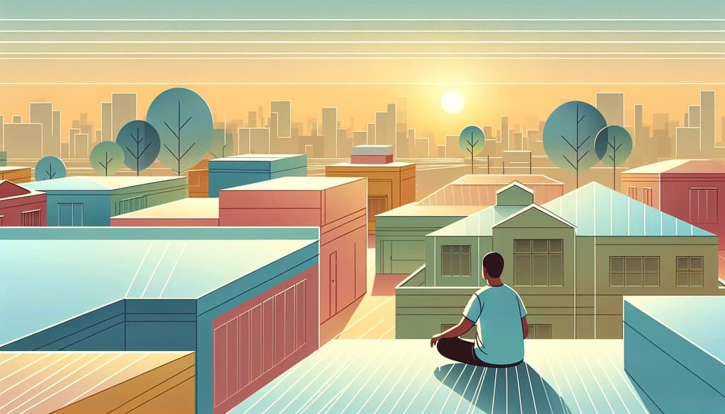 Person meditating on a rooftop at sunrise as the city awakens around them.