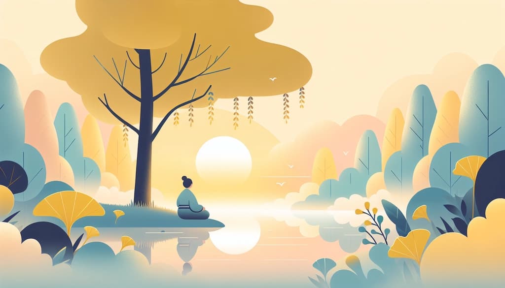 Person meditating under a ginkgo tree at sunrise beside a still pond with morning mist.