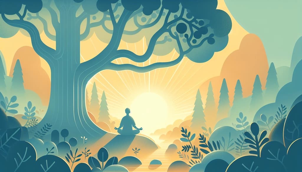 Person meditating under a large oak tree at dawn, soft light and faint neural patterns in the mist.