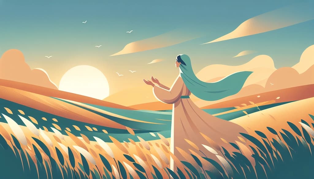 Person on a grassy hill at dusk, wind in the grass, open hands toward the sky.