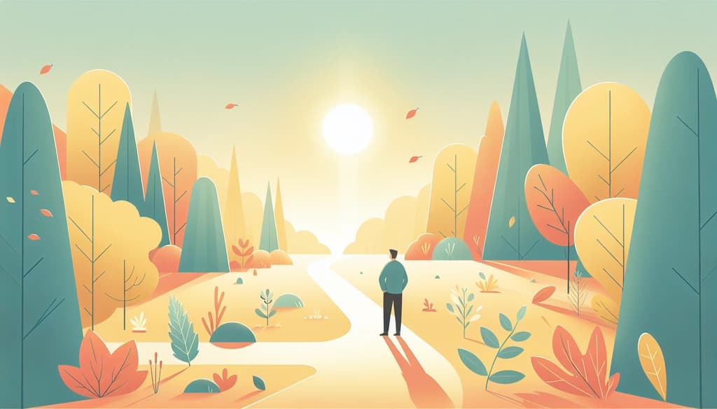 Person pausing in a sunlit autumn forest, fallen leaves around them, in quiet contemplation.