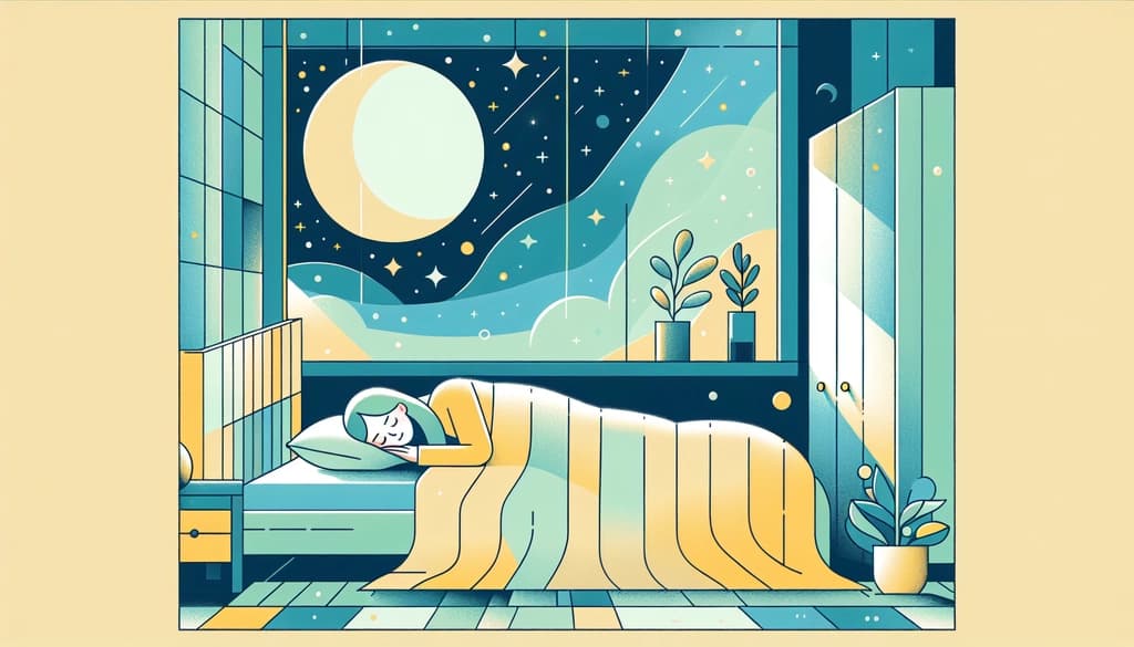 Person resting in bed at night, moonlight through window and stars visible.